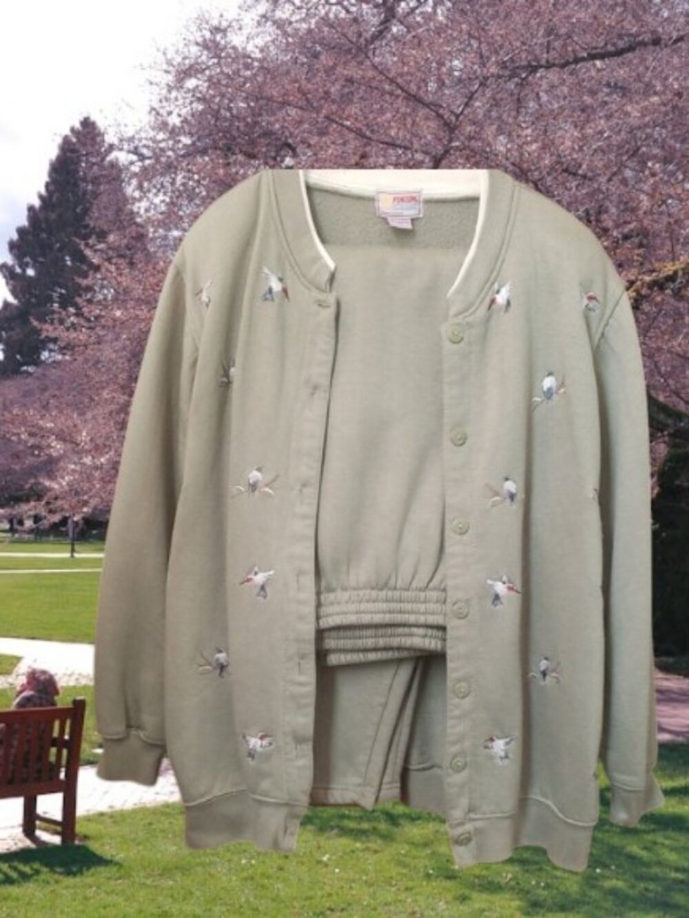 Sporting Club Hummingbird Bird Embroidered Button-Up Crewneck Sweatsuit Set